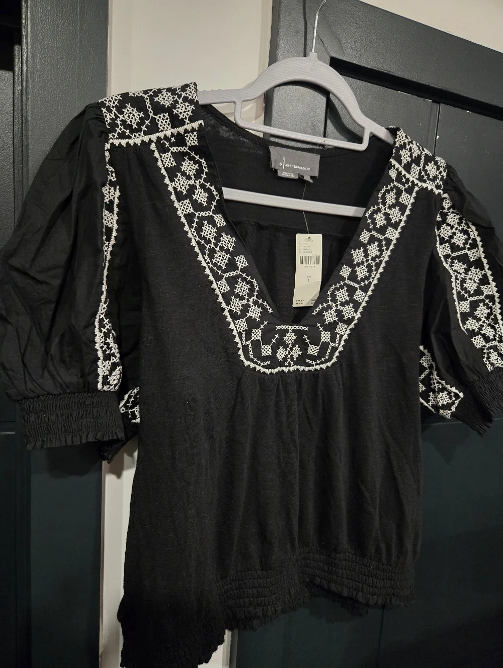 Black Embroidered V-Neck Women's Top Puff Sleve Large Anthropologie Top Nwt